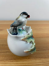 Franz Collection Chickadee series Holiday beginnings porcelain sugar jar