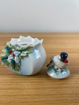 Franz Collection Chickadee series Holiday beginnings porcelain sugar jar