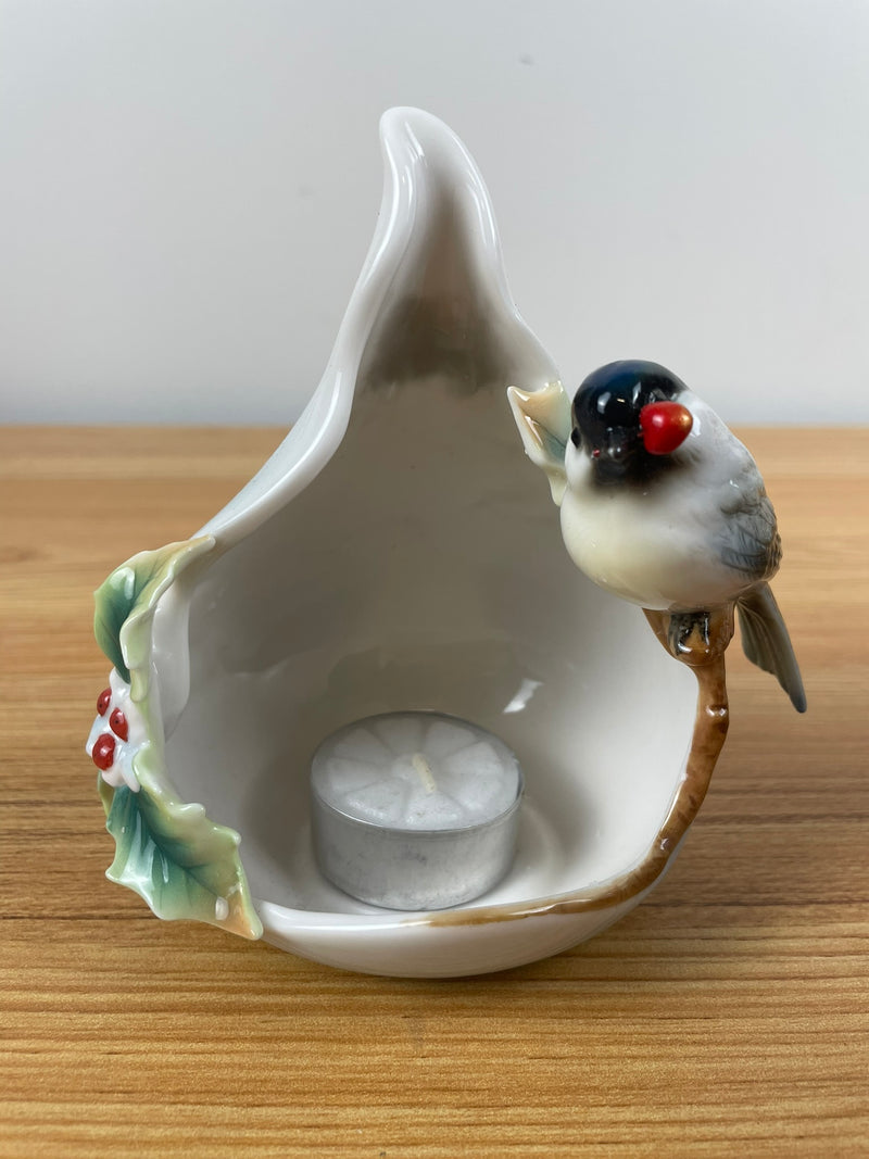 Franz Holiday Beginnings Tea Light Holder Chickadee Holly Berries NOB 5”