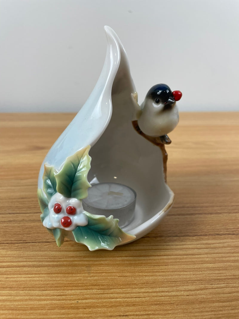 Franz Holiday Beginnings Tea Light Holder Chickadee Holly Berries NOB 5”