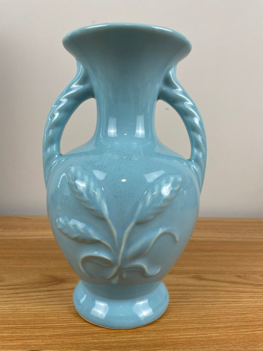 VIntage MCM Blue Double Rope Handles 8" Tall Art Pottery Vase Wheat Design