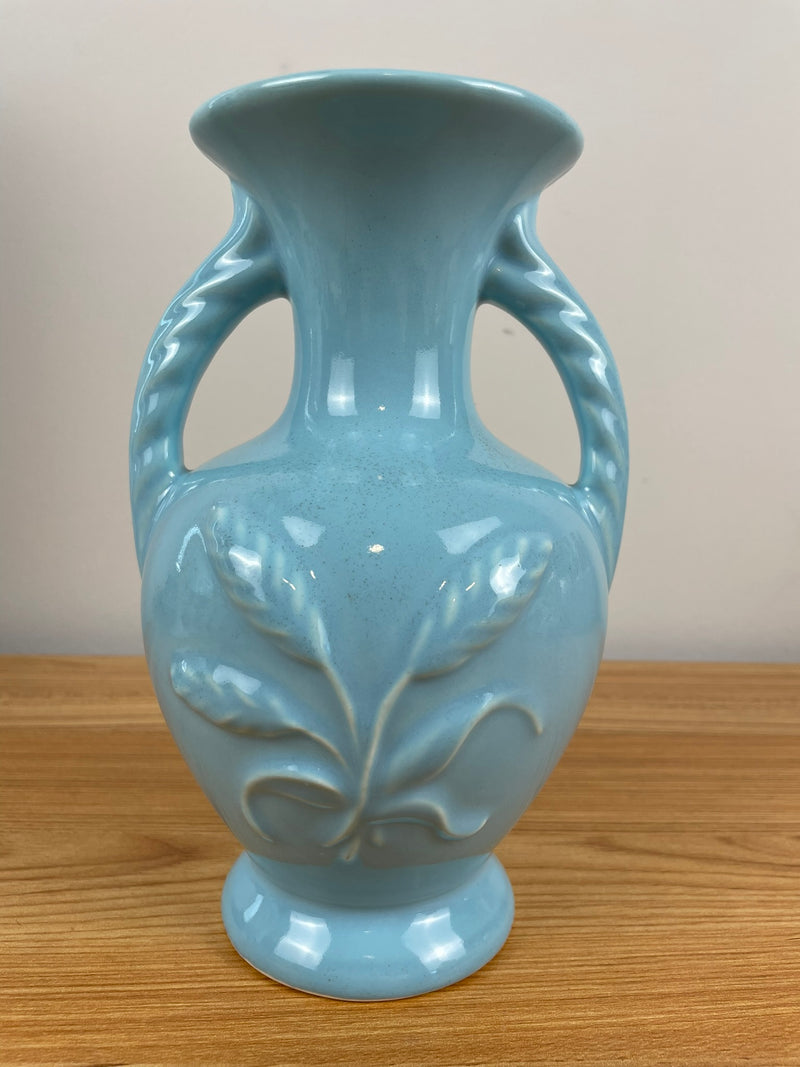 VIntage MCM Blue Double Rope Handles 8" Tall Art Pottery Vase Wheat Design