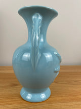 VIntage MCM Blue Double Rope Handles 8" Tall Art Pottery Vase Wheat Design