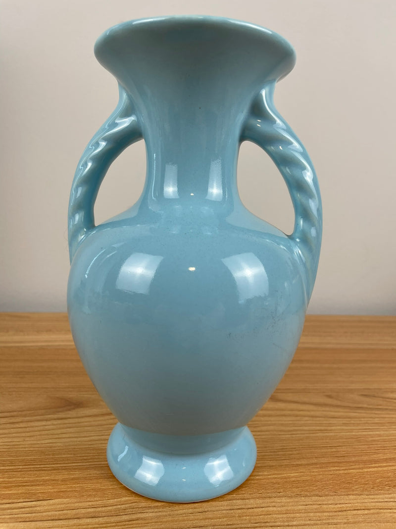 VIntage MCM Blue Double Rope Handles 8" Tall Art Pottery Vase Wheat Design