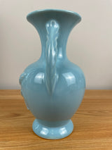 VIntage MCM Blue Double Rope Handles 8" Tall Art Pottery Vase Wheat Design