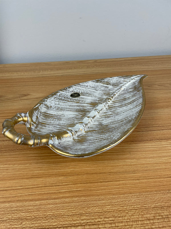 Vintage 1950s Royal Haeger Large Leaf Shape Ashtray Gold 110 H MCM Gold Brush