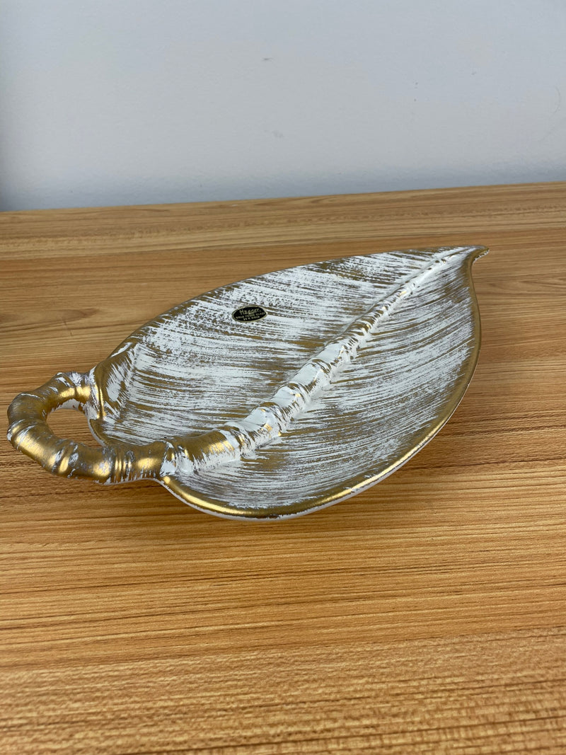 Vintage 1950s Royal Haeger Large Leaf Shape Ashtray Gold 110 H MCM Gold Brush