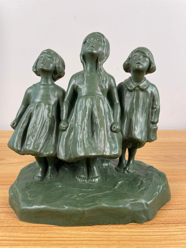 Alice Nordin For Ipsen's, Denmark Large Sculpture Jade Green 3 Girls Art Pottery 1910