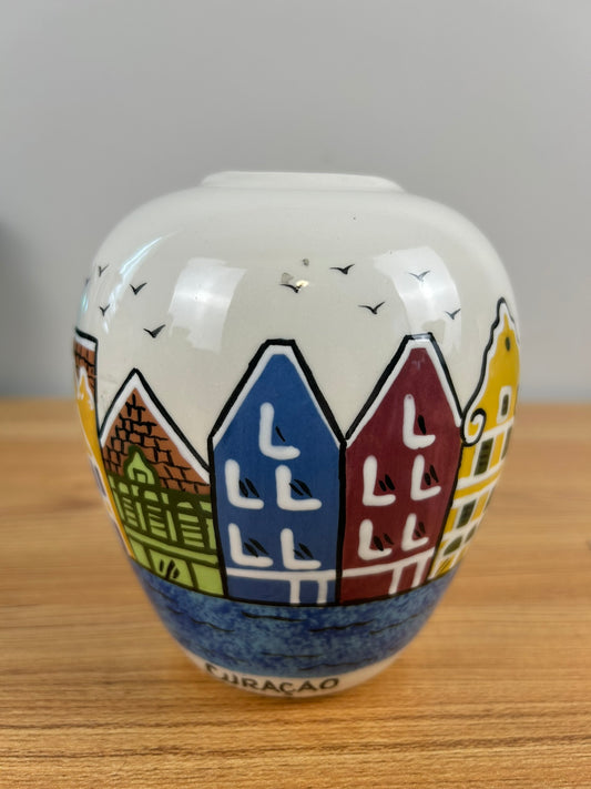 Ddutch Antilles Ceramics White Hand Painted Curacao Scenic Vase