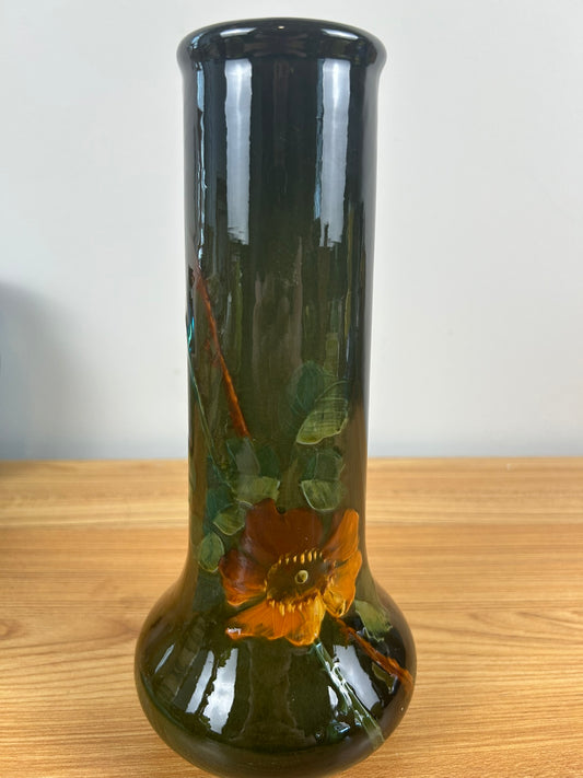 Owens Art Pottery Utopian #08 Brown Orange Pansy Flower Pattern 10.5"