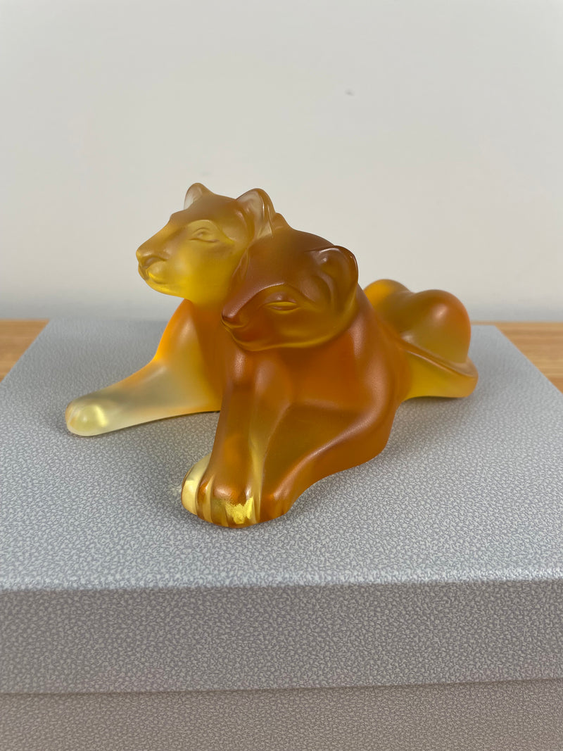 Lalique France Signed Amber Glass Lion Cubs Figurine / Sculpture With Box