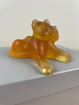 Lalique France Signed Amber Glass Lion Cubs Figurine / Sculpture With Box