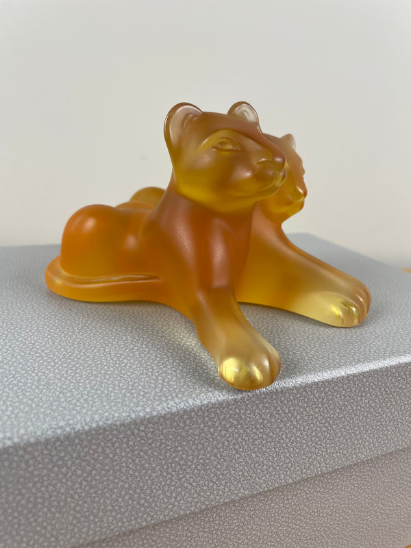 Lalique France Signed Amber Glass Lion Cubs Figurine / Sculpture With Box