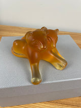 Lalique France Signed Amber Glass Lion Cubs Figurine / Sculpture With Box