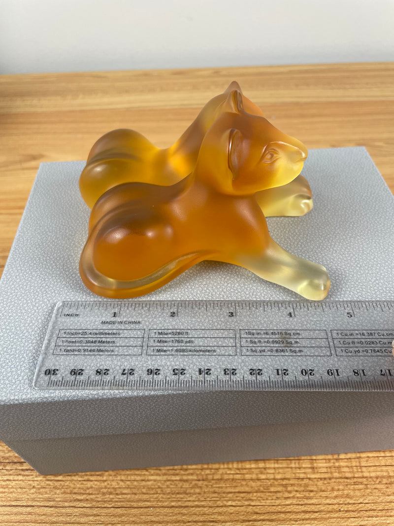 Lalique France Signed Amber Glass Lion Cubs Figurine / Sculpture With Box