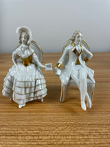 Capodimonte Figurine Colonial Man & Woman Sitting In Chairs Reading Gold Accents