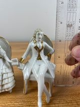 Capodimonte Figurine Colonial Man & Woman Sitting In Chairs Reading Gold Accents