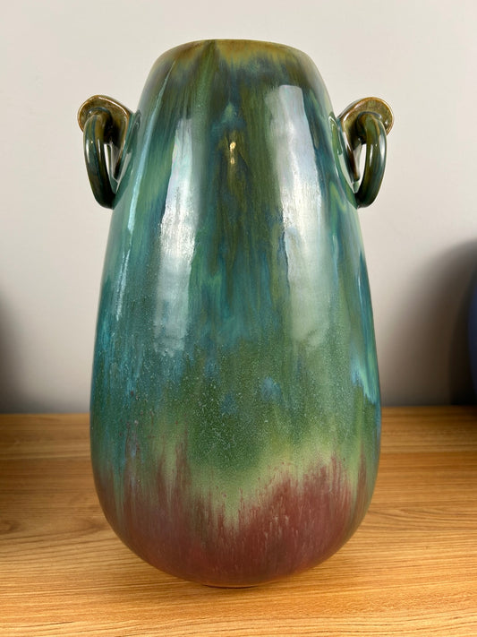 FULPER POTTERY LARGE ARTS & CRAFTS 13" ROSE & GREEN RING HANDLE VASE