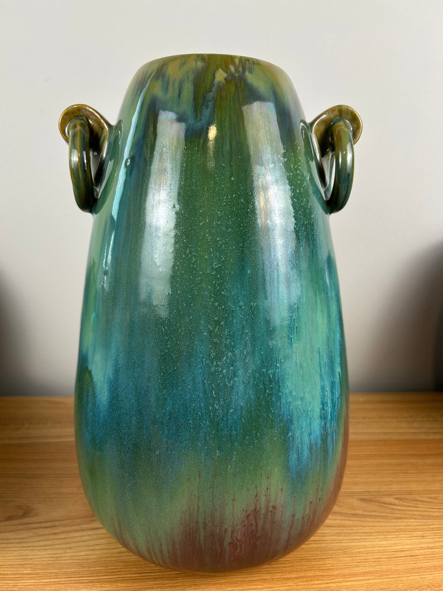 FULPER POTTERY LARGE ARTS & CRAFTS 13" ROSE & GREEN RING HANDLE VASE