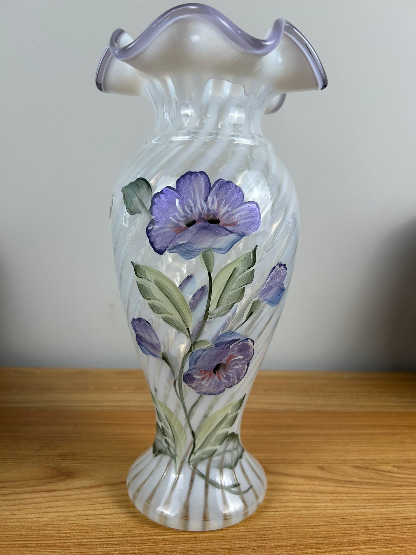 Fenton 11" HP FRENCH OPALESCENT OPTIC SPIRAL “LAVENDER PETALS” VIOLET CREST VASE**