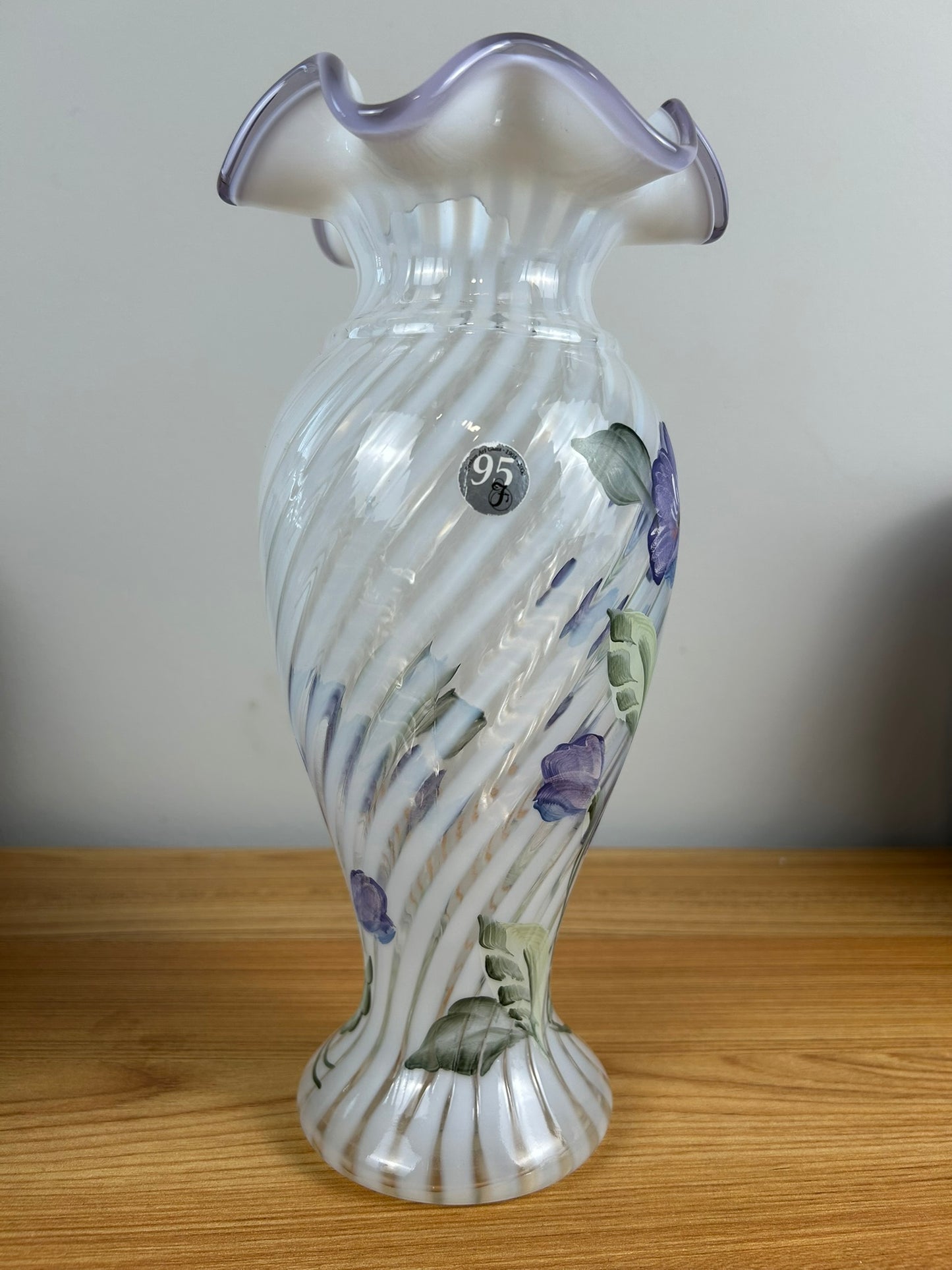 Fenton 11" HP FRENCH OPALESCENT OPTIC SPIRAL “LAVENDER PETALS” VIOLET CREST VASE**