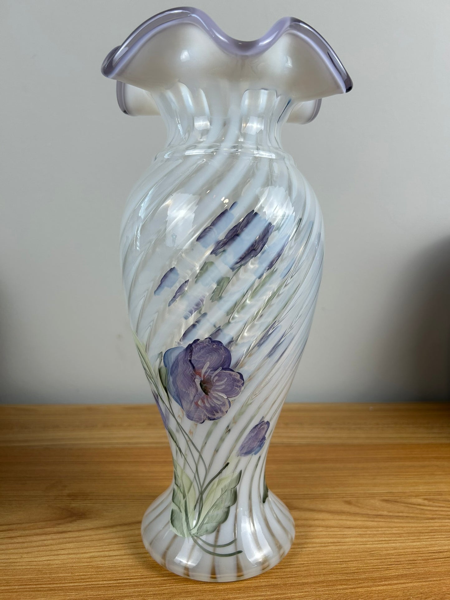 Fenton 11" HP FRENCH OPALESCENT OPTIC SPIRAL “LAVENDER PETALS” VIOLET CREST VASE**