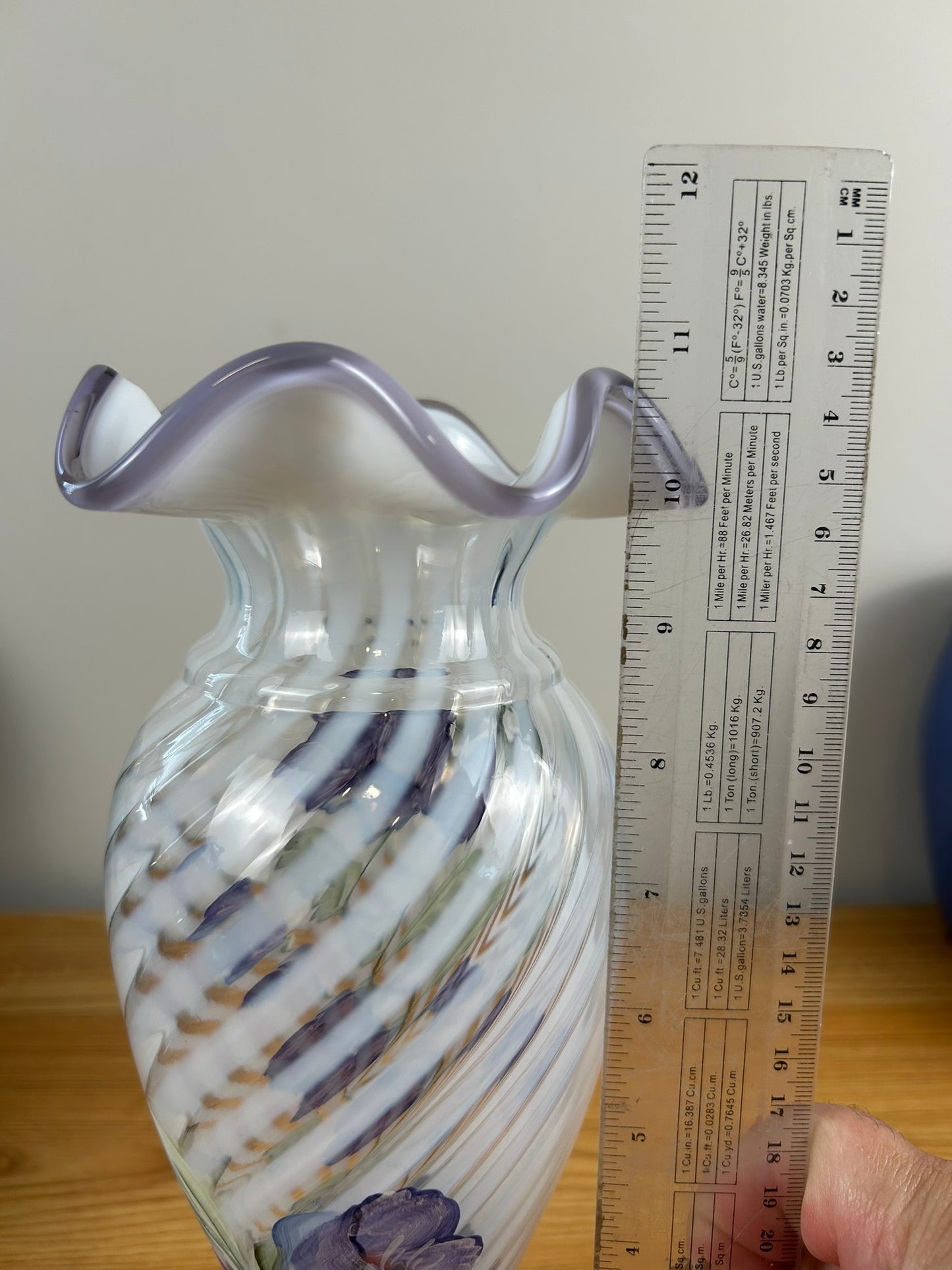 Fenton 11" HP FRENCH OPALESCENT OPTIC SPIRAL “LAVENDER PETALS” VIOLET CREST VASE**