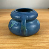 Weller Fru Russet 1900s Art Pottery Blue Mottled Glaze Floral Handled Squat Vase