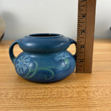 Weller Fru Russet 1900s Art Pottery Blue Mottled Glaze Floral Handled Squat Vase