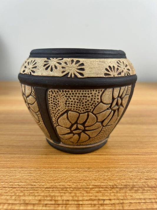 WELLER AMERICAN ART POTTERY BURNTWOOD CLAYWOOD ABSTRACT FLOWERS VASE POT
