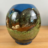 Peters And Reed 1920s Art Pottery Blue Marbleized Scenic Decorated Bulbous Vase