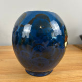 Peters And Reed 1920s Art Pottery Blue Marbleized Scenic Decorated Bulbous Vase