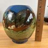 Peters And Reed 1920s Art Pottery Blue Marbleized Scenic Decorated Bulbous Vase