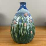 Tim Eberhardt 2001 Art Pottery Green Grass & Pink Floral In Relief Blue Vase 511
