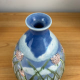 Tim Eberhardt 2001 Art Pottery Green Grass & Pink Floral In Relief Blue Vase 511