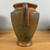 Burley WInter 1930s Vintage Art Pottery Mottled Green and Orange Handled Vase # 45