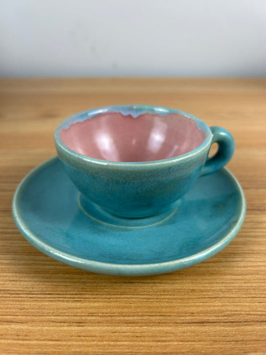 Pisgah Forest Art Pottery Blue & Pink Small Teacup & Saucer