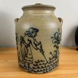 R H Diebbol Salt Glazed Stoneware Lidded Crock Jar With Woman Gardening Motif
