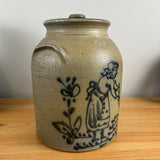R H Diebbol Salt Glazed Stoneware Lidded Crock Jar With Woman Gardening Motif