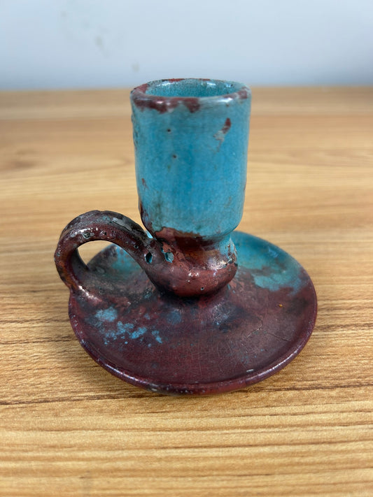 AR Cole North Caroline Art Pottery Turquoise & Red Candle Holder Pewabic Style Glaze