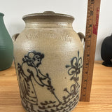 R H Diebbol Salt Glazed Stoneware Lidded Crock Jar With Woman Gardening Motif