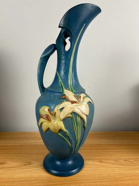 Roseville 24-15 Zephyr Lily 1940s Mid Century Modern Art Pottery Ewer Blue MCM