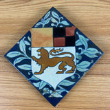 Flint Faience 1920s Arts And Crafts Pottery Blue Floral Lion Crest Shield 6" Tile