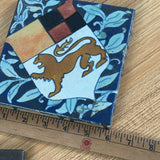 Flint Faience 1920s Arts And Crafts Pottery Blue Floral Lion Crest Shield 6" Tile