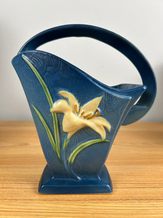 Roseville Zephyr Lily Blue 1946 Mid Century Modern Art Pottery Basket 394-8