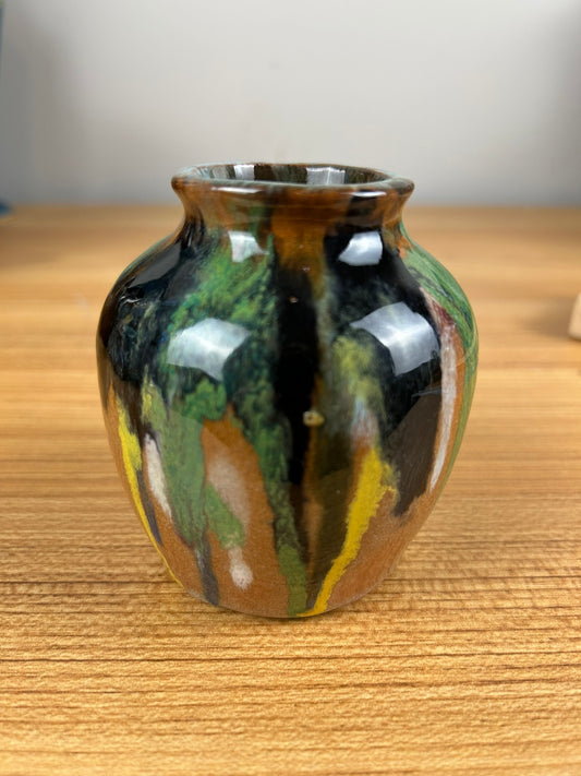 Belgium Style Art Deco Black Green Drip Glaze Cabinet Vase Signed