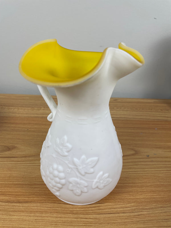 6" Kanawha Grape Pressed Milk Glass Ruffled Rim Pitcher Yellow Cased Glass