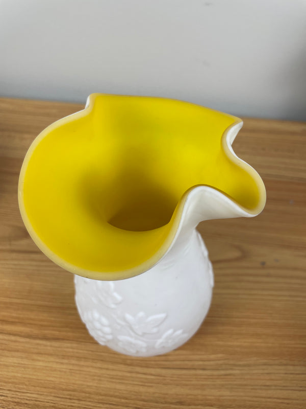 6" Kanawha Grape Pressed Milk Glass Ruffled Rim Pitcher Yellow Cased Glass