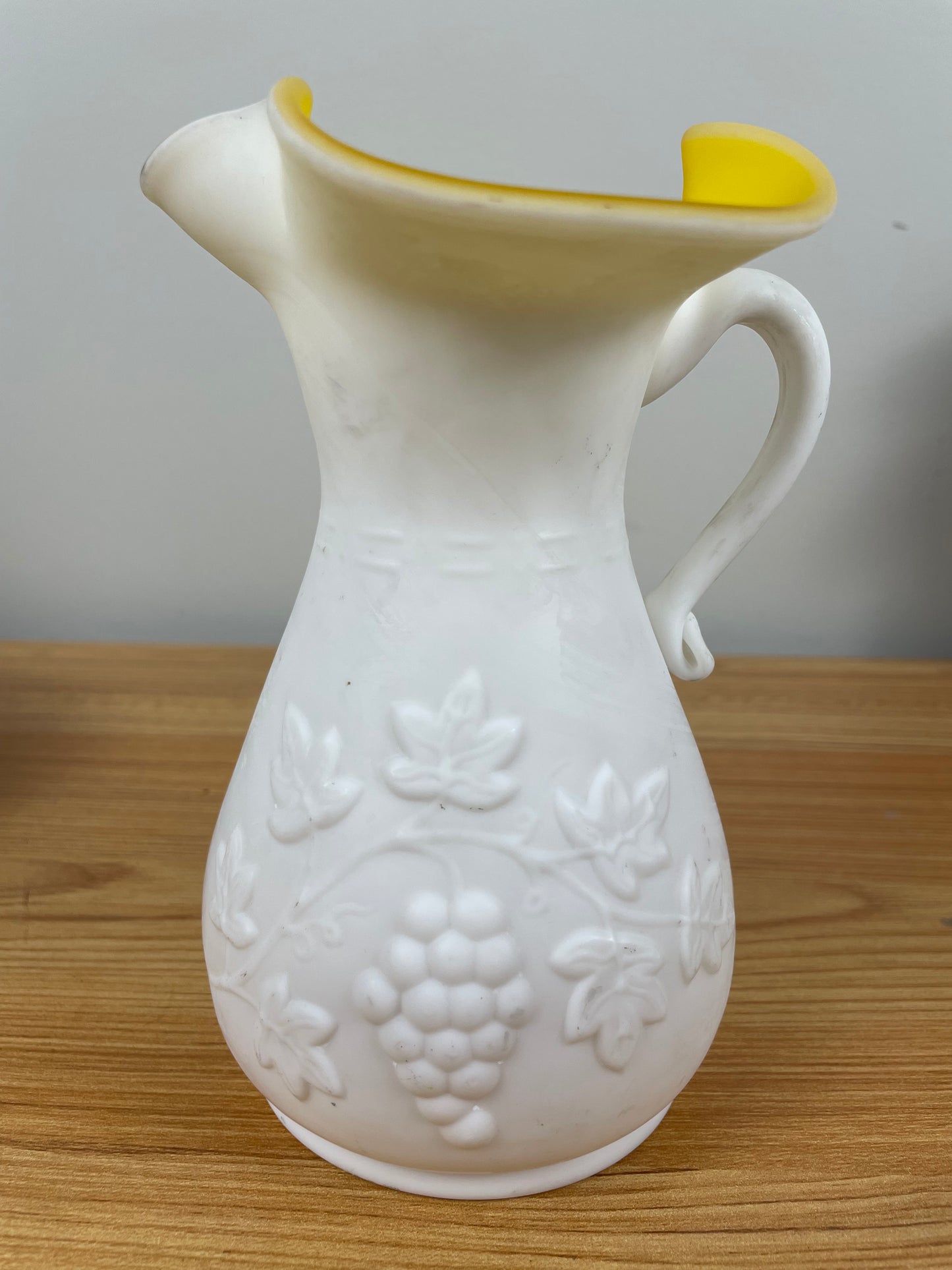 6" Kanawha Grape Pressed Milk Glass Ruffled Rim Pitcher Yellow Cased Glass