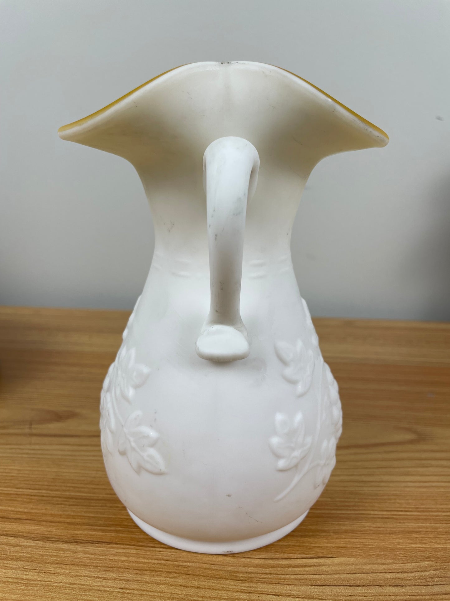 6" Kanawha Grape Pressed Milk Glass Ruffled Rim Pitcher Yellow Cased Glass
